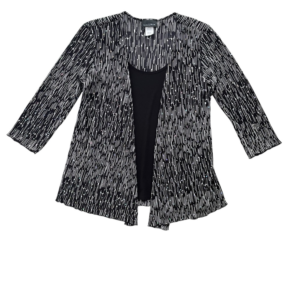 Brittany Black Womens M Black White Geometric Sequin Textured 3/4 Sl Tank Blouse